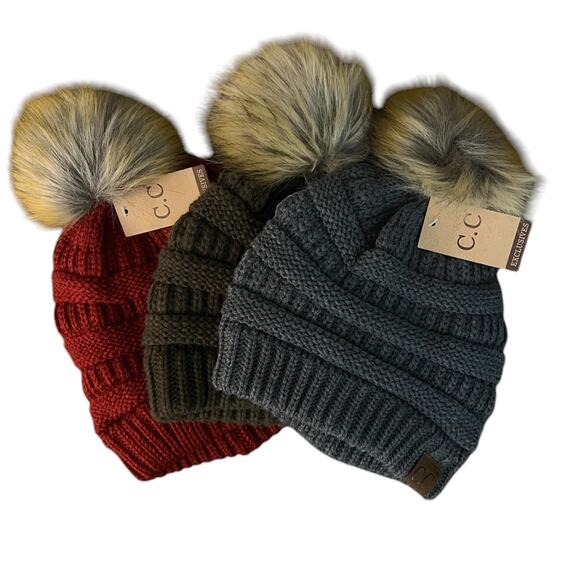 New! Three Adorable Beanies with Faux Fur Pom Poms - Picture 1 of 3